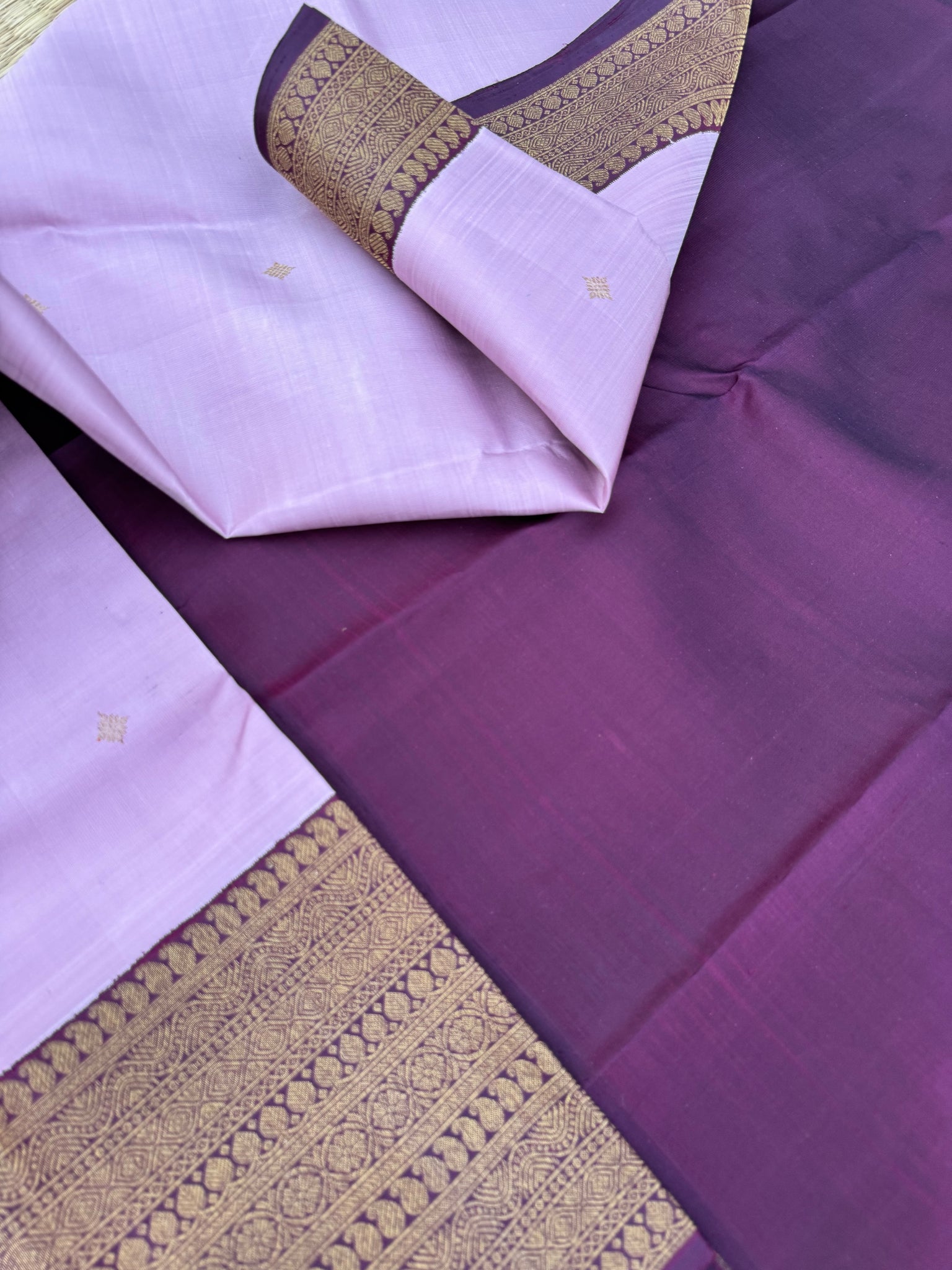 Pastel Kanchivarams - lilac and burgundy morning evening korvai antique zari woven varusai pett borders