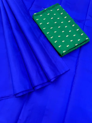 Niram - Celebration Colours of Full Plain Kanchivaram Silks Paired with Beautiful Contrasting Blouses - stunning royal blue with bottle green raw silk blouse
