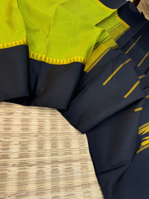 Rarest Korvai Kanchivaram - fresh green and yellow kottadi chex with jet black borders pallu and blouse