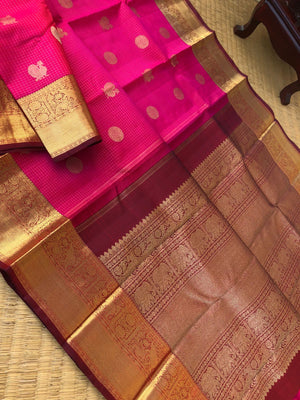 Kattams on Kanchivarams - Vairaoosi Kattam - Stunning Indian pink and brown Vairaoosi kattam with mayil chackaram woven buttas
