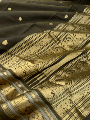 Zari Kissed Silk Cotton - deep dark army green with parrots motifs woven borders