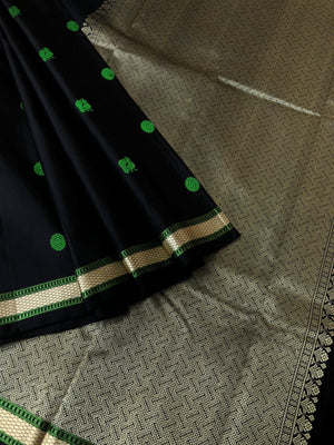 Woven from Memories - Beautiful No Zari Kanchivarams - absolutely beautiful black with green mayil chackaram woven buttas