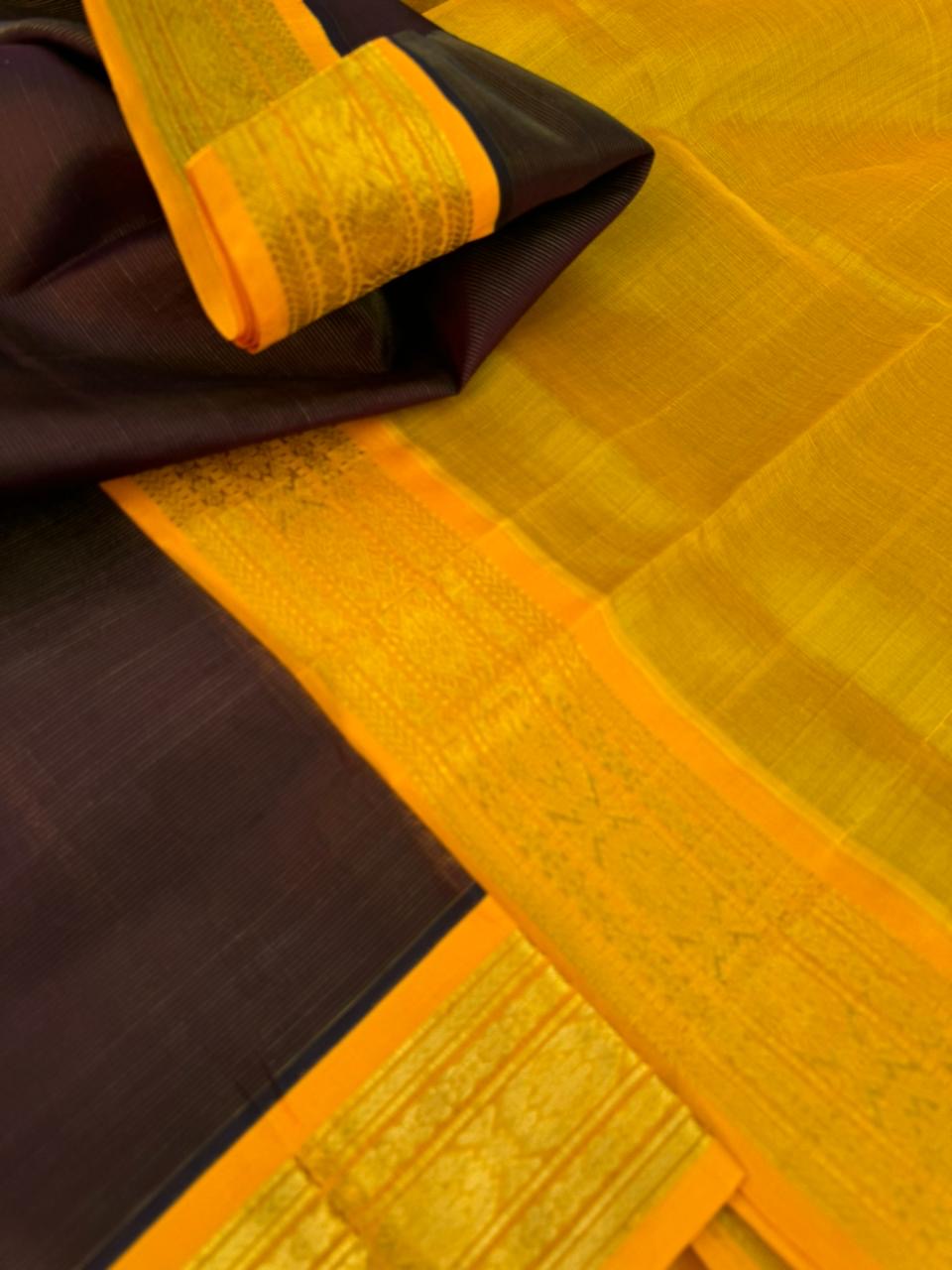 Korvai Silk Cottons - coffee and golden mustard Vairaoosi