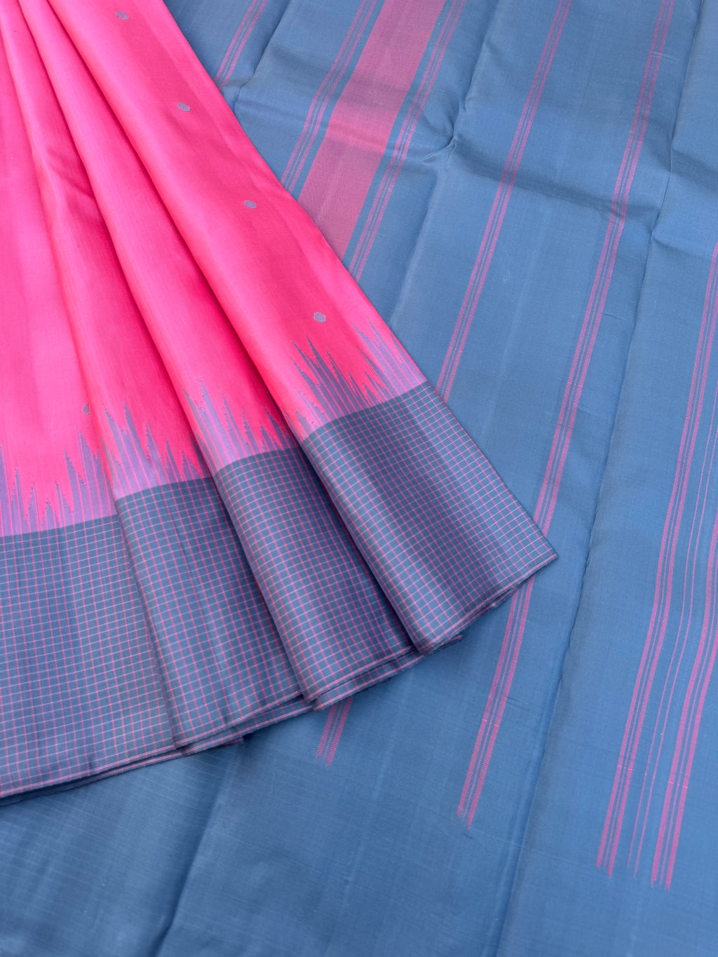 Ekatara - The Rarest Kai Korvai Kanchivarams - a stunning candy pink and bluish grey with chex borders and buttas woven body