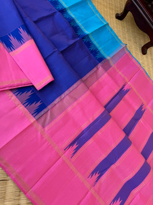 Kaavyam on Korvai Kanchivaram -ink blue strips woven body with ganga jammuna korvai woven borders