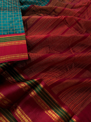 Divyam - Korvai Silk Cotton with Pure Silk Woven Borders - burnt green and maroon Lakshadeepam