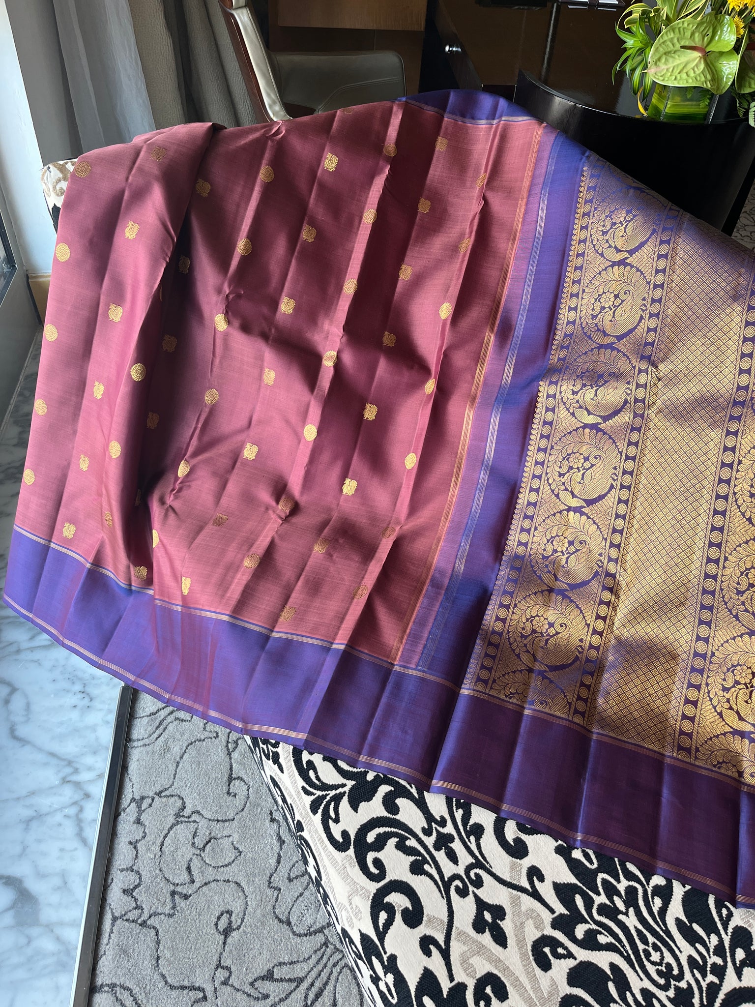 Shree Ka - a beautiful chocolate and short violet with mayil chackaram woven buttas