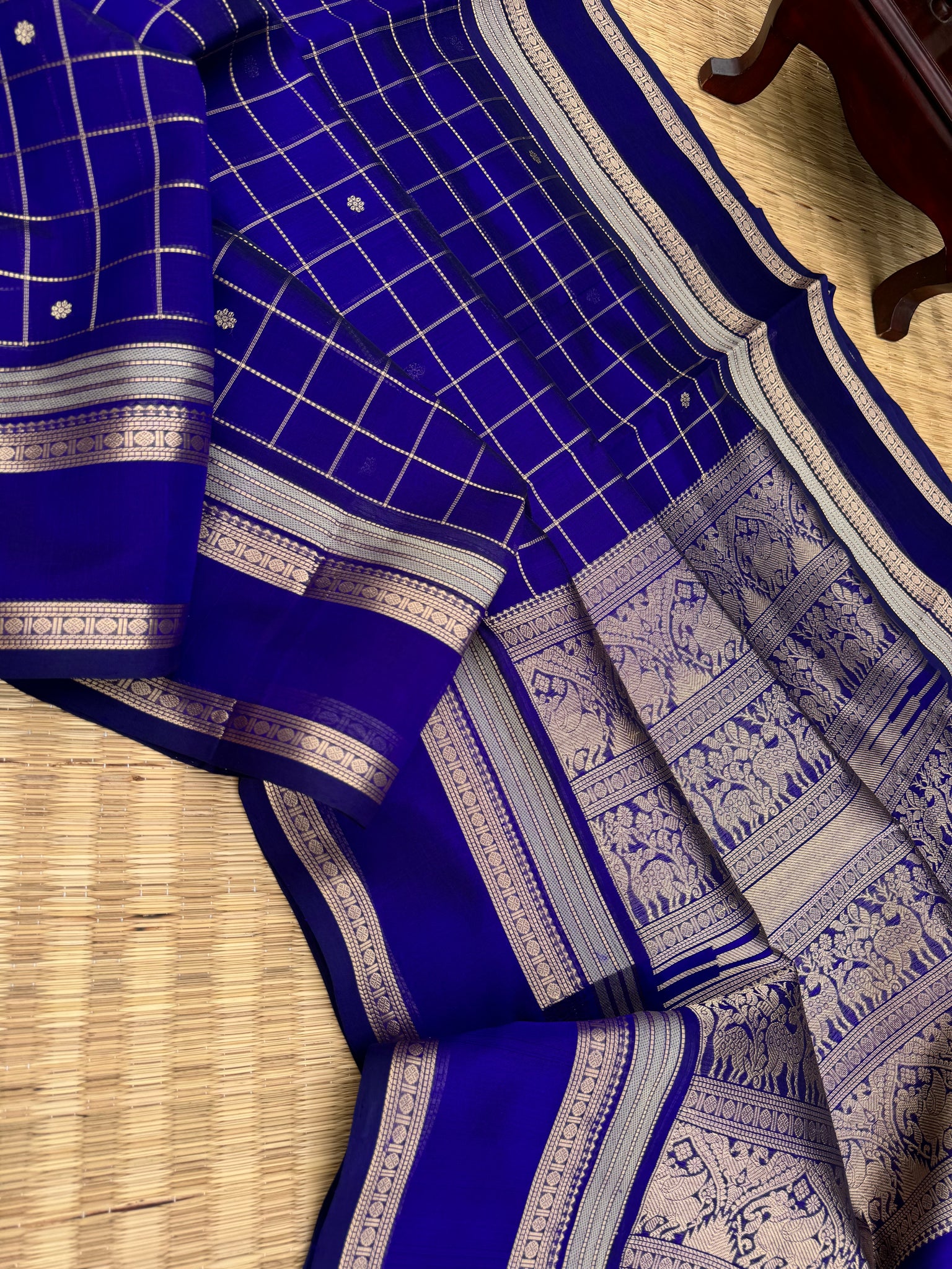 Zari Kissed Silk Cotton - a deep dark ink blue muthukattam with traditional moopula woven borders
