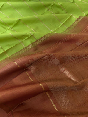 Vintage Ragas on Kanchivaram - fresh apple green veldhari woven body with rust chocolate brown pallu and blouse