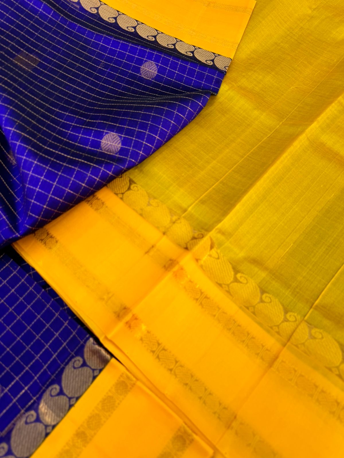 Korvai Silk Cottons - ink blue zari kattam with mustard