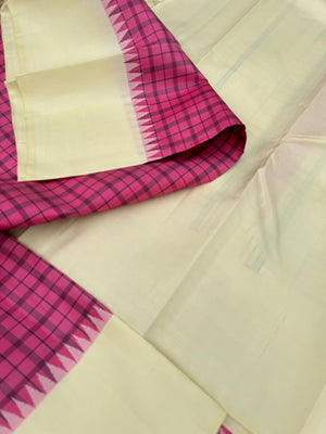 Rarest Korvai Kanchivaram - gorgeous burnt pink kattam no zari kanchivaram with off white cream borders pallu and blouse