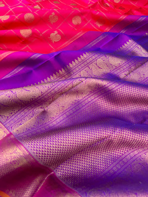 Roja - shades of red orange pink Kanchivarams - stunning pink and violet mayil chackaram