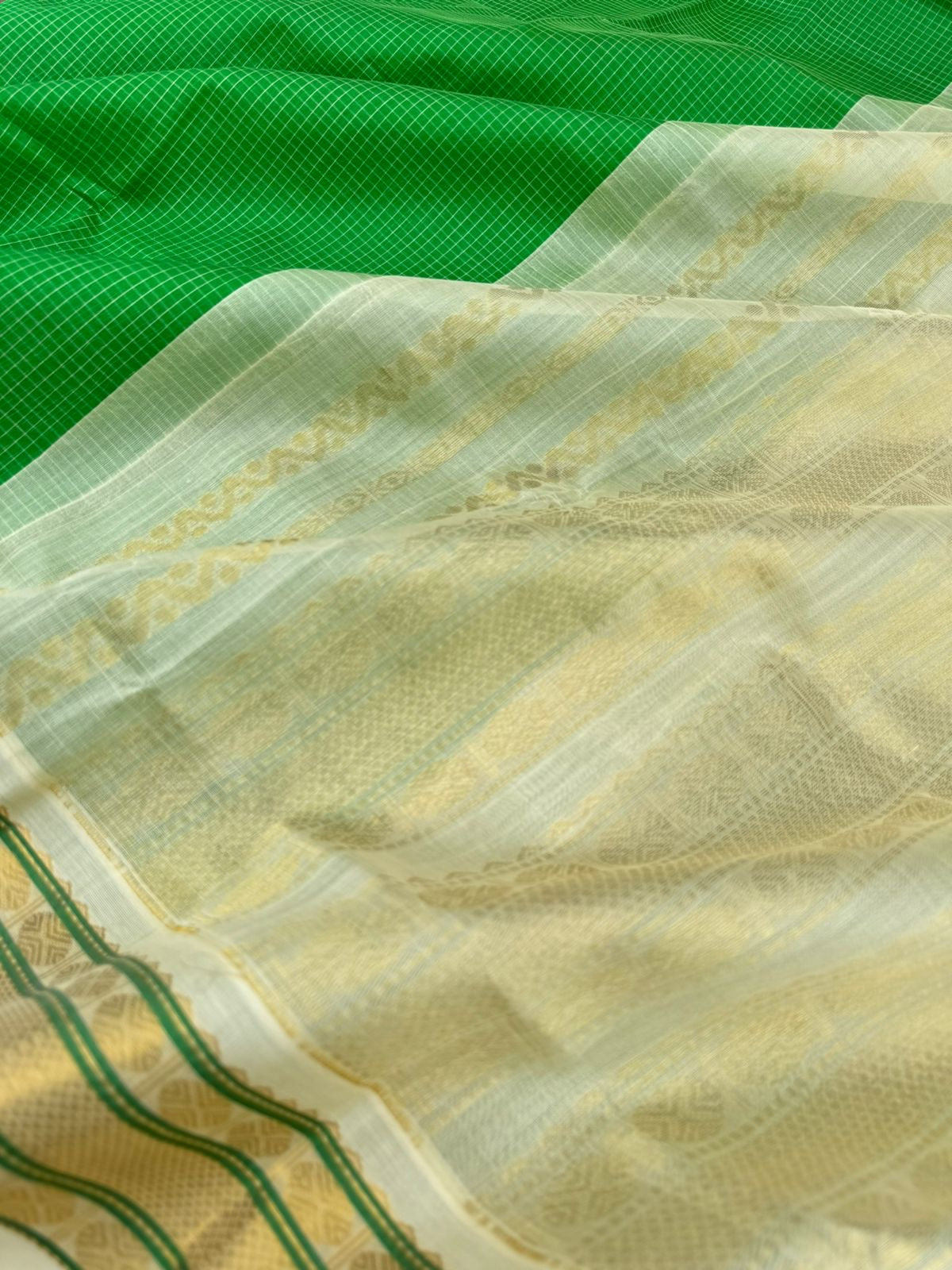 Korvai Silk Cottons - stunning green and off white with podi kattam