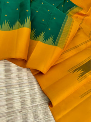 Rarest Korvai Kanchivaram - the best of best Meenakshi green and mustard with tiny buttas woven body