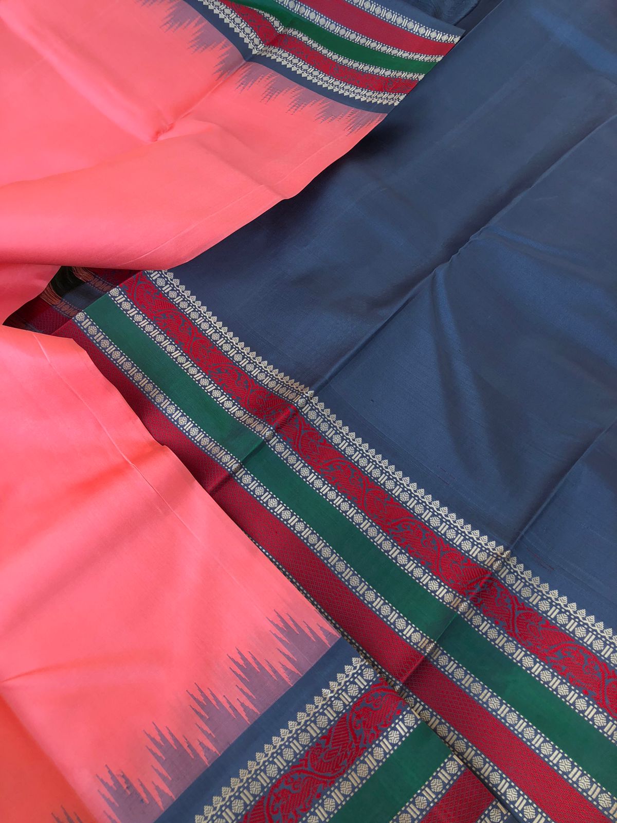 Silk Play on No Zari Kanchivaram - unusual pink and grey with intricate yali and killi woven borders