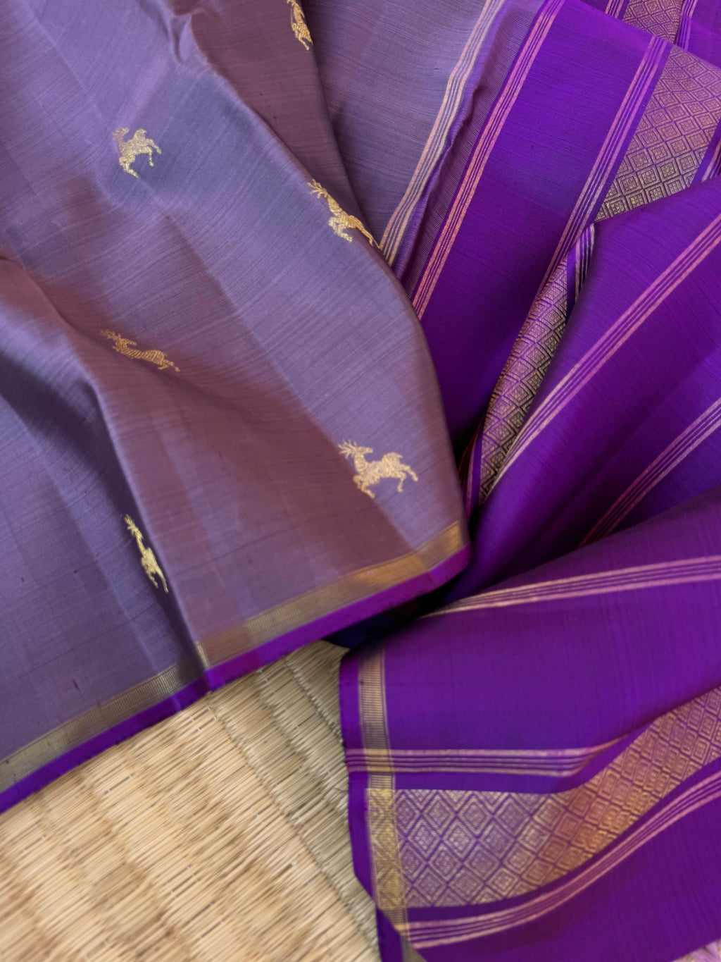 Molten Metallic Kanchivaram - Limited Edition | stunning violet mixed metallic grey deer buttas with full buttas woven blouse