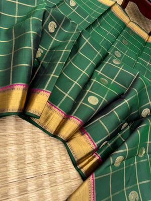 Kattam and Buttas on Kanchivaram - traditional meenakshi green and majentha with mayil chackaram buttas
