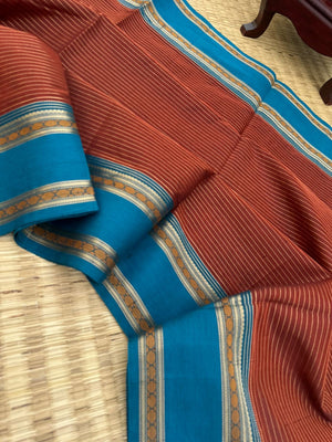 Dark Edition on Zari Kissed Silk Cotton - soil brown and burnt teal unusual oosi strips