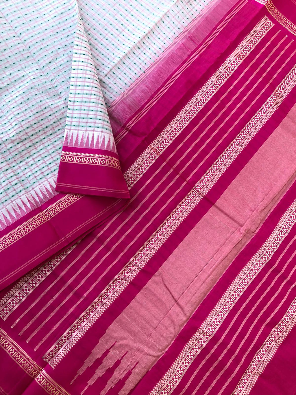 Mira - Our Exclusive Cotton body with Pure Silk Korvai Borders - off white and Indian pink with full body green tone  Lakshadeepam buttas