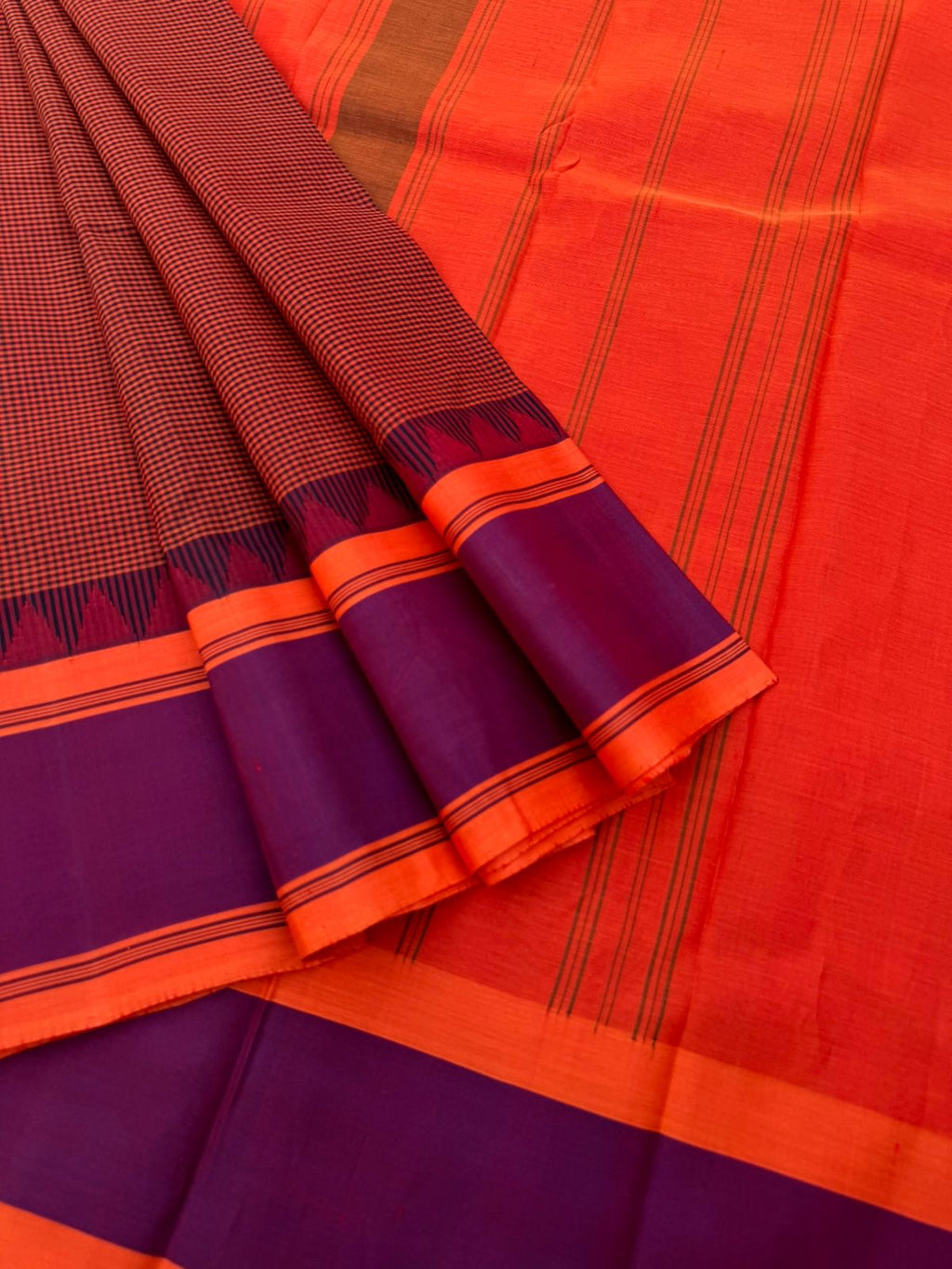 Signature Silk Cotton - orange and black kasa kasa kattam with orange pallu and blouse