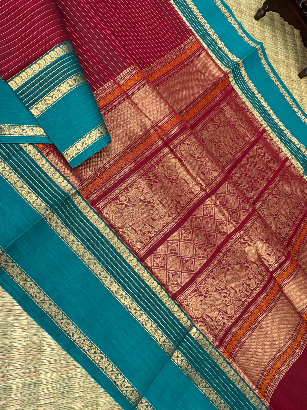 Zari Kissed Silk Cotton - deep maroon and teal oosi stripes