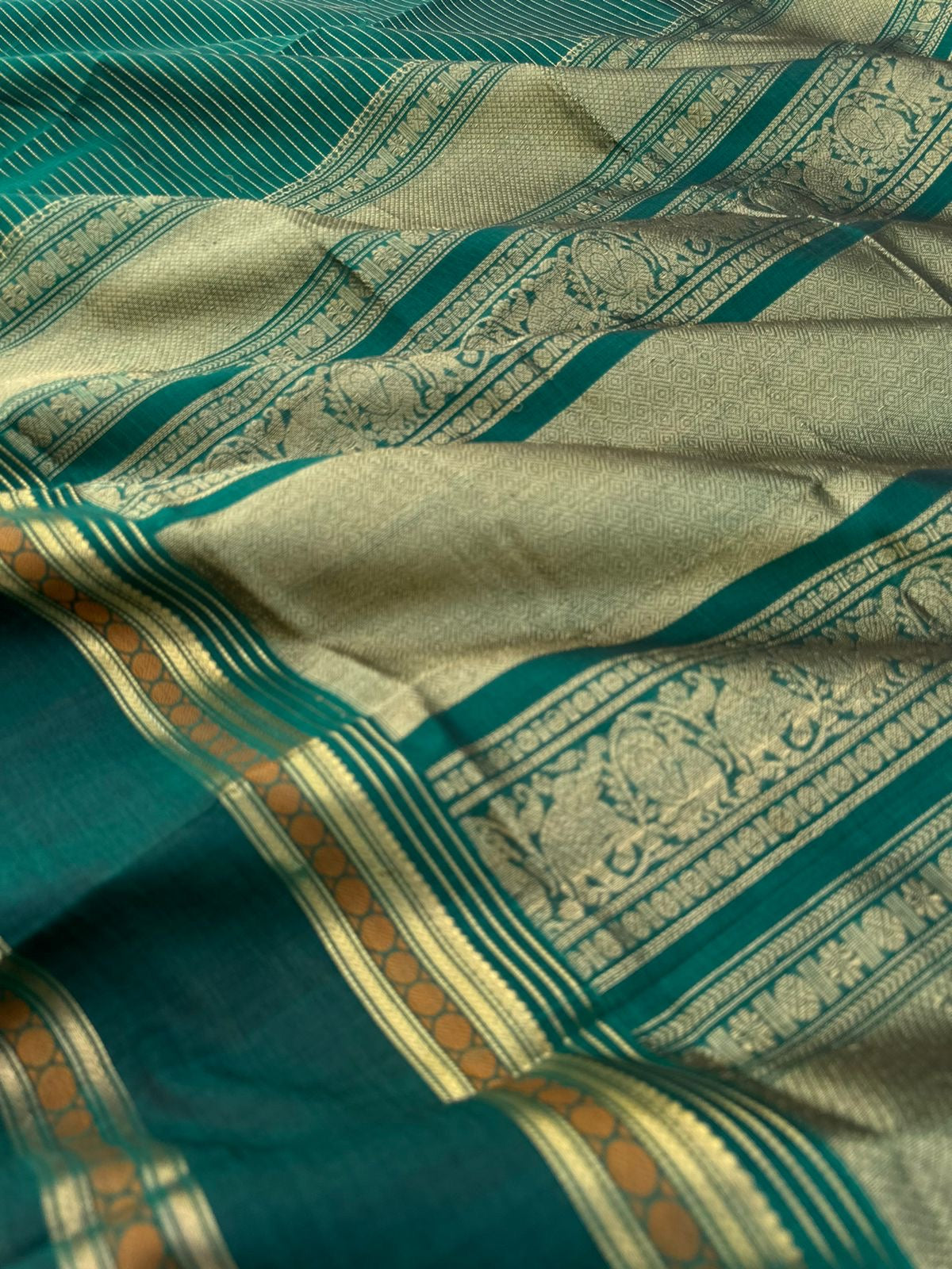 Dark Edition on Zari Kissed Silk Cotton - deep dark meenakshi green oosi strips woven