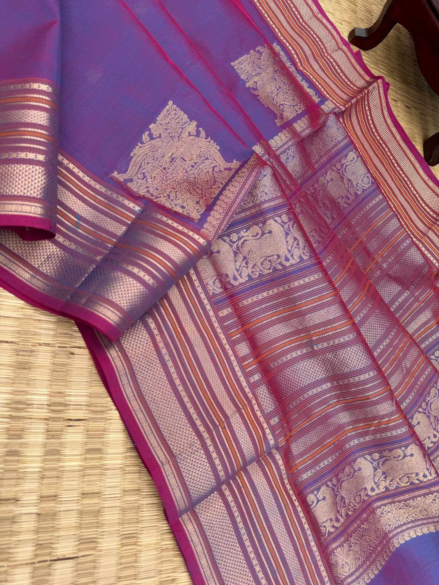 Zari Kissed Silk Cotton - gorgeous red short blue we get the most unique corner buttas