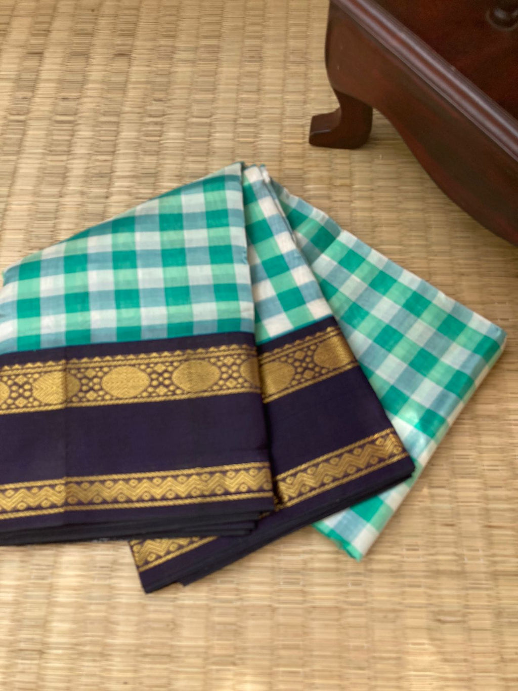 Paalum Palamum Kattams Korvai Silk Cottons - off white and rama blue chex with navy blue borders