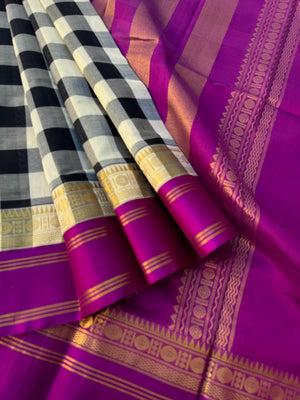 Korvai Silk Cotton - the best selling black and white high court chex with deep purple borders and pallu