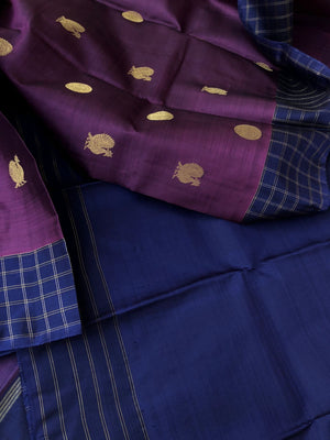 Shree - Simple and Elegant Kanchivarams - unusual deep purple and navy blue Mayil chackaram woven buttas