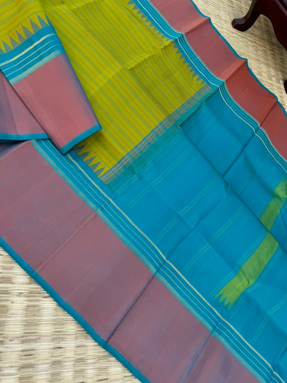 Rarest Korvai Kanchivaram - gorgeous alli pachai ( lily green ) unusual English borders with sulphate blue pallu and blouse