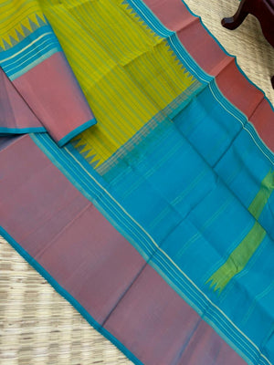 Rarest Korvai Kanchivaram - gorgeous alli pachai ( lily green ) unusual English borders with sulphate blue pallu and blouse