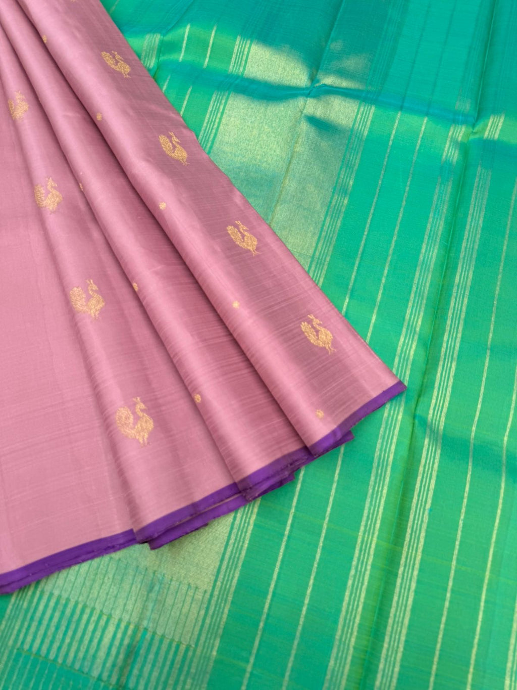 Mohaa - Rarest Borderless Kanchivarams - dusky pink annam buttas with aqua dual tone pallu and blouse