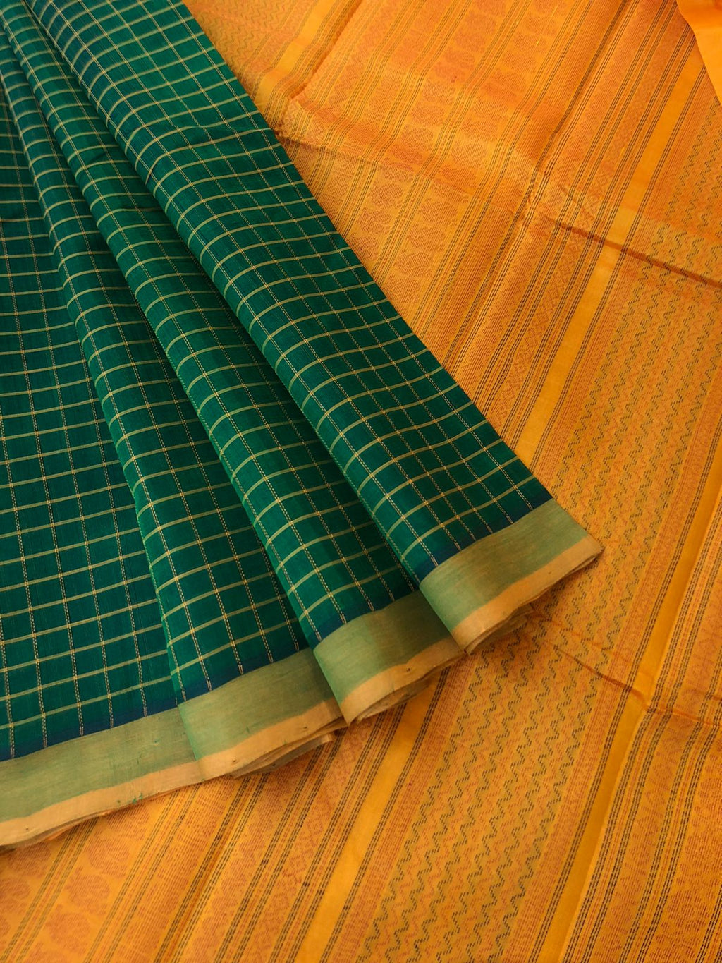 Woven Motifs Silk Cotton - Meenakshi green and mustard podi kattam