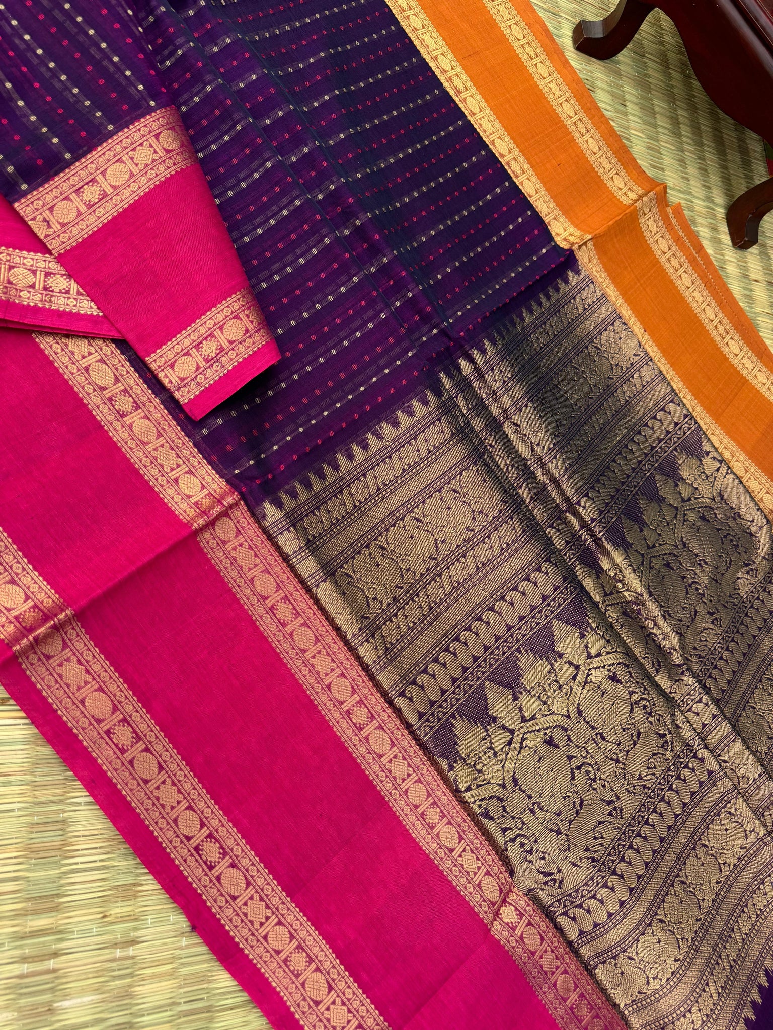 Woven Motifs Silk Cotton - deep purple lakshadeepam with ganga jammuna woven borders