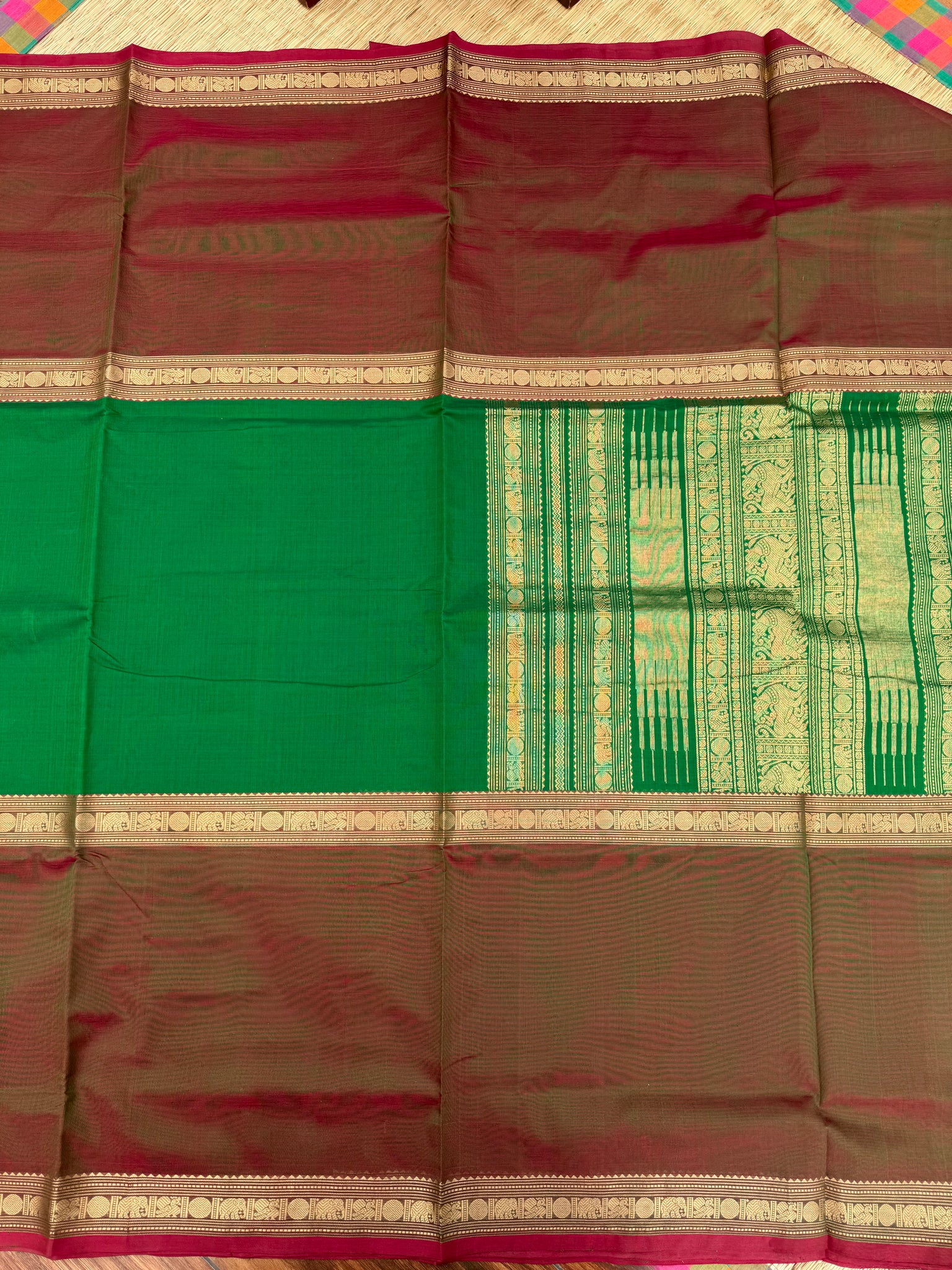 Zari Kissed Silk Cotton - A rare find classic mubbagam ( mubbagam means three parts ) green and maanthulir