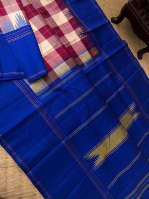 Chettinad Chexs on No Zari Korvai Kanchivaram - beige and maroon chex on ms blue