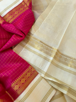 Korvai Silk Cotton - reddish pink zari kattam with off white borders