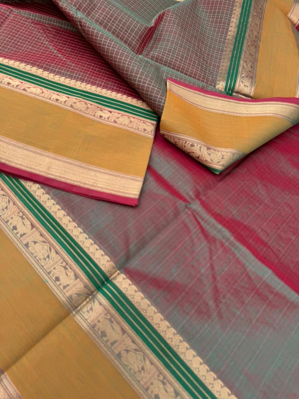 Woven Motifs Silk Cotton - unusual red short green lakshadeepam
