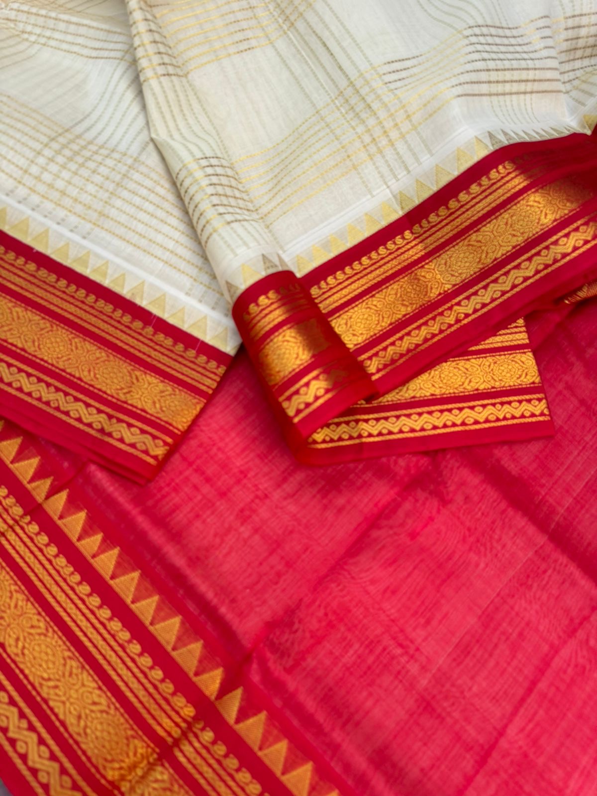 Korvai Silk Cottons - off white and red zari kattam