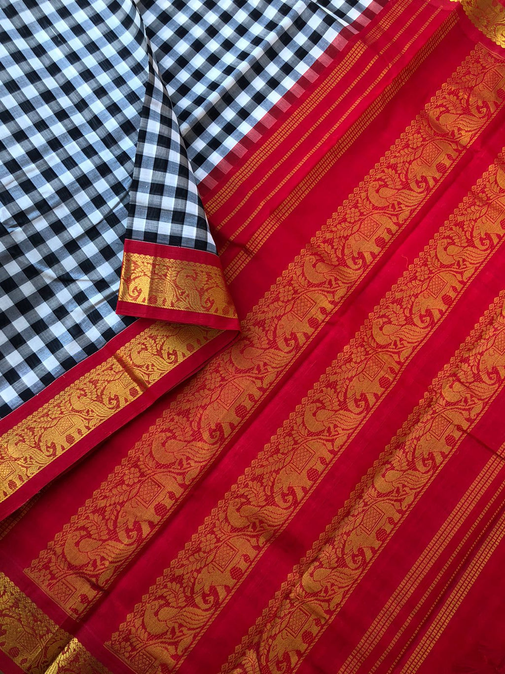 Kattams on Korvai Silk Cotton - black and white kattam with red borders pallu and blouse
