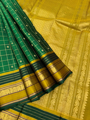 Meenakshi - the beautiful Meenakshi green and golden fenugreek mustard with moppula woven borders and kattam buttas woven body