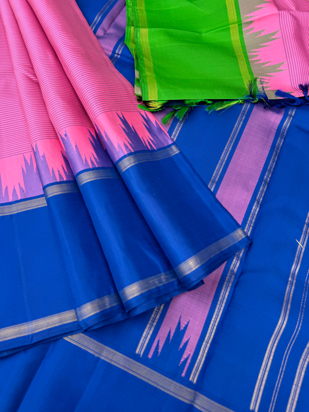 Bliss of Korvai Kanchivaram - stunning rose milk pink with blue and green korvai borders