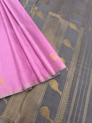 Mohaa - Rarest Borderless Kanchivarams - stunning panner rose pink with aadai woven killi ( parrots ) buttas with grey pallu and butta woven blouse