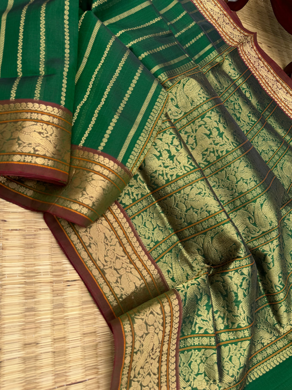 Zari Kissed Silk Cotton - a stunning meenakshi green vertical veldhari
