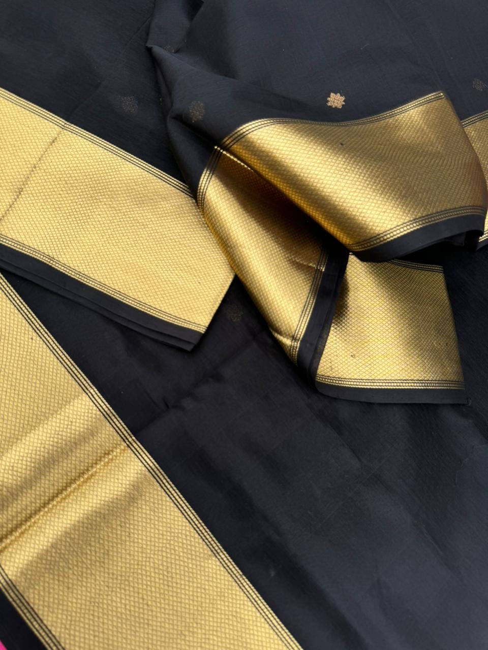 Black Edition of Zari Kissed Silk Cotton - the gorgeous grand black and gold silk cotton with corner buttas and solid borders