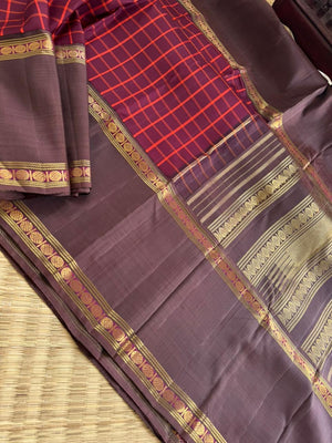 Tasteful Tall Border Kanchivarams - most beautiful maroon chex woven body with chocolate shaded korvai woven broad borders