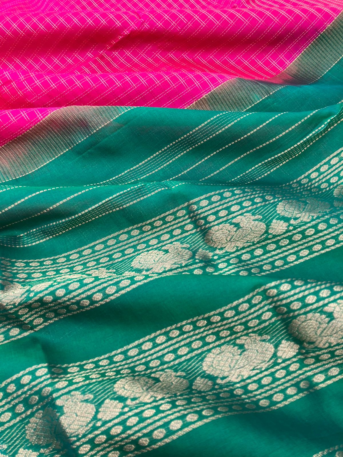 Korvai Silk Cottons -pink and green zari kattam