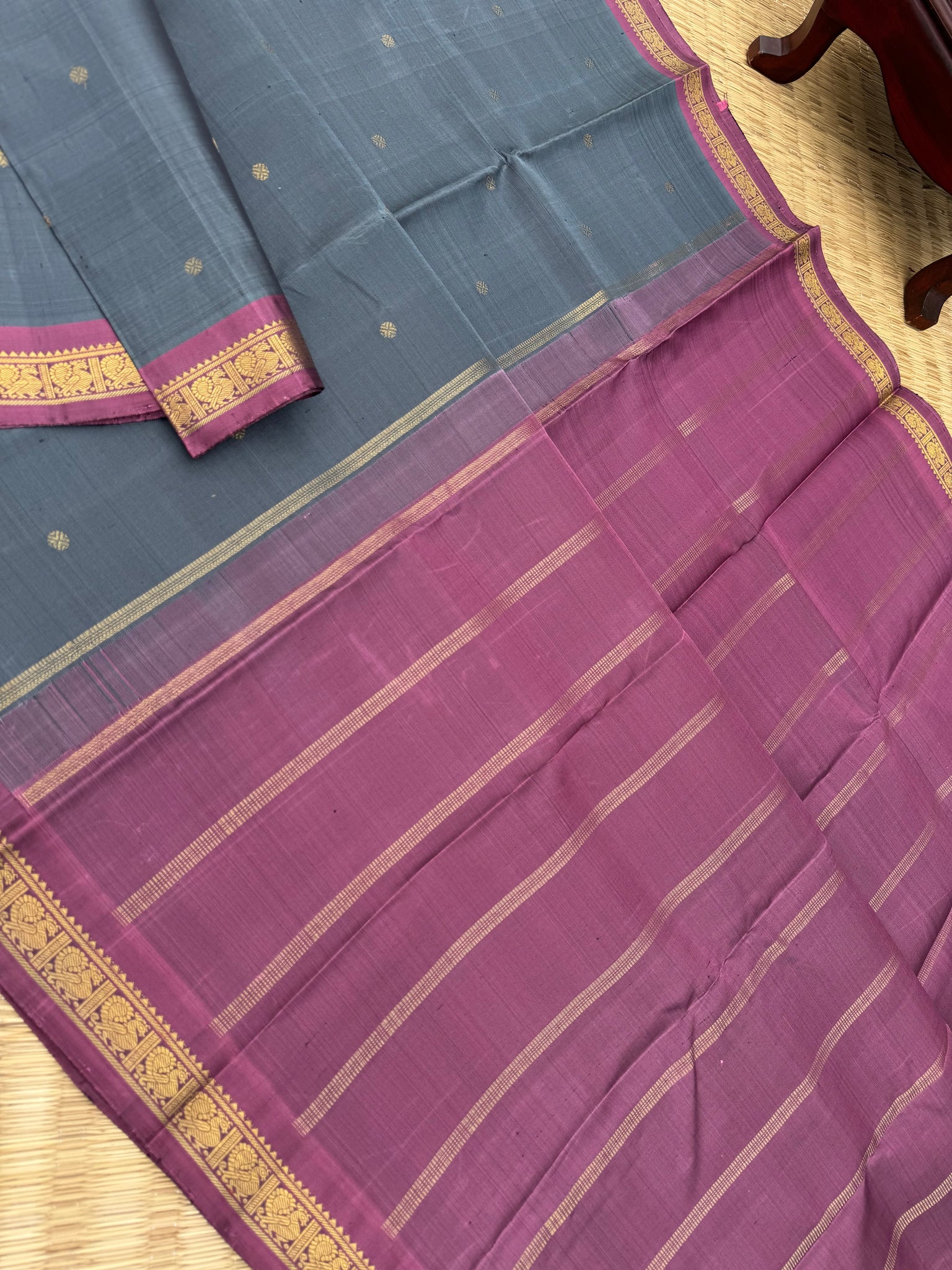 Leela - The bliss of small border Kanchivarams - a steel alloy grey and keva with simple strips woven pallu