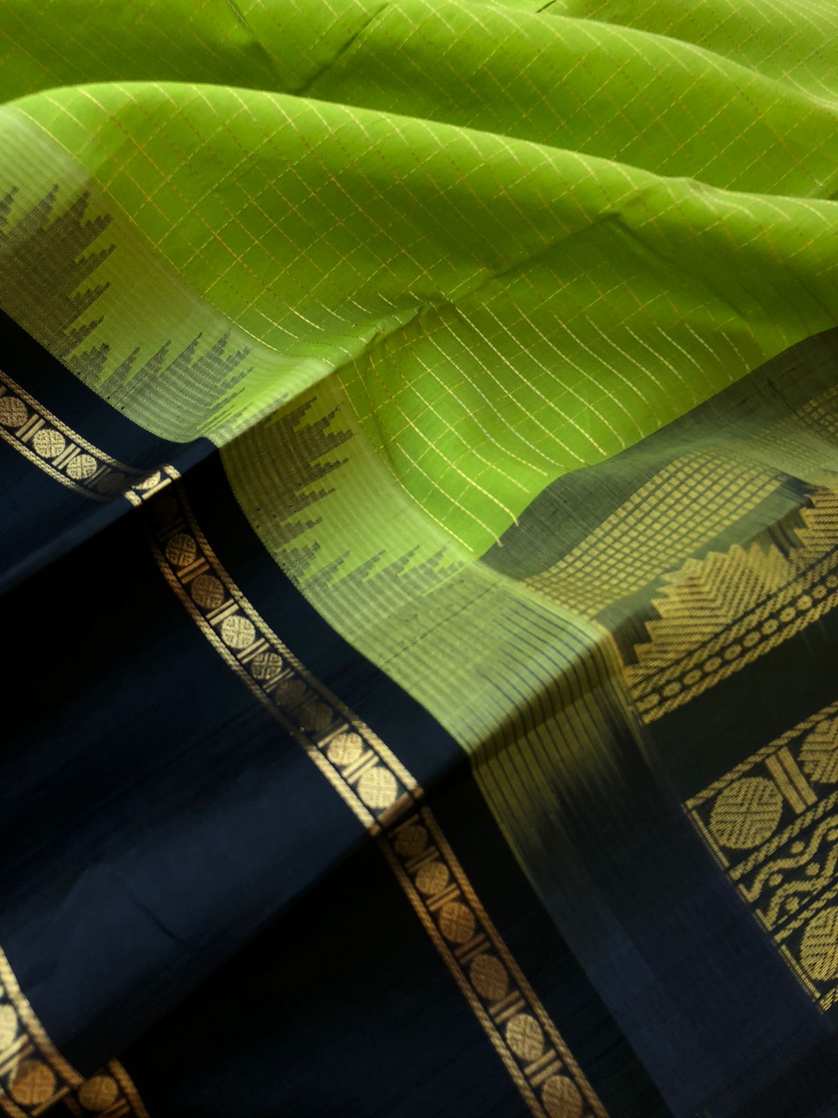 Kattams on Korvai Silk Cotton - pale green and black zari kattam